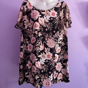 Per Seption Women's Sheer Ruffle Blouse Black Pink Floral Short Sleeve 2XL